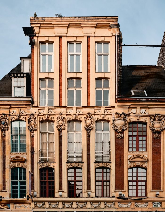 A concrete building with beautiful carvings in Lille, France
